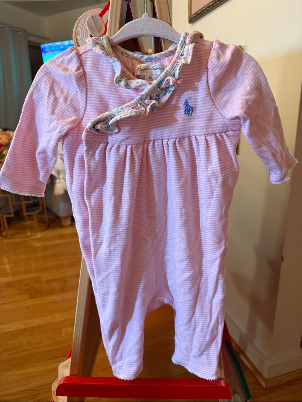 Ralph Lauren Baby Girls Pink Stripe Floral Ruffle Footless Romper 3M Pony Logo